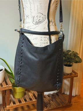 Loeffler Randall Black Leather Studded Hobo Shoulder Crossbody Bag Convertible